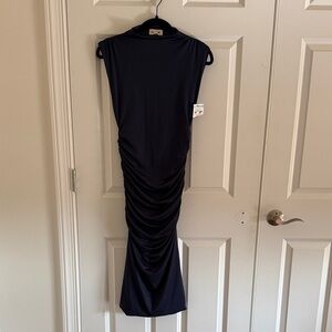NWT Open Edit Navy Blue Sleeveless Mock Neck Ruched Bodycon Midi Dress XXS